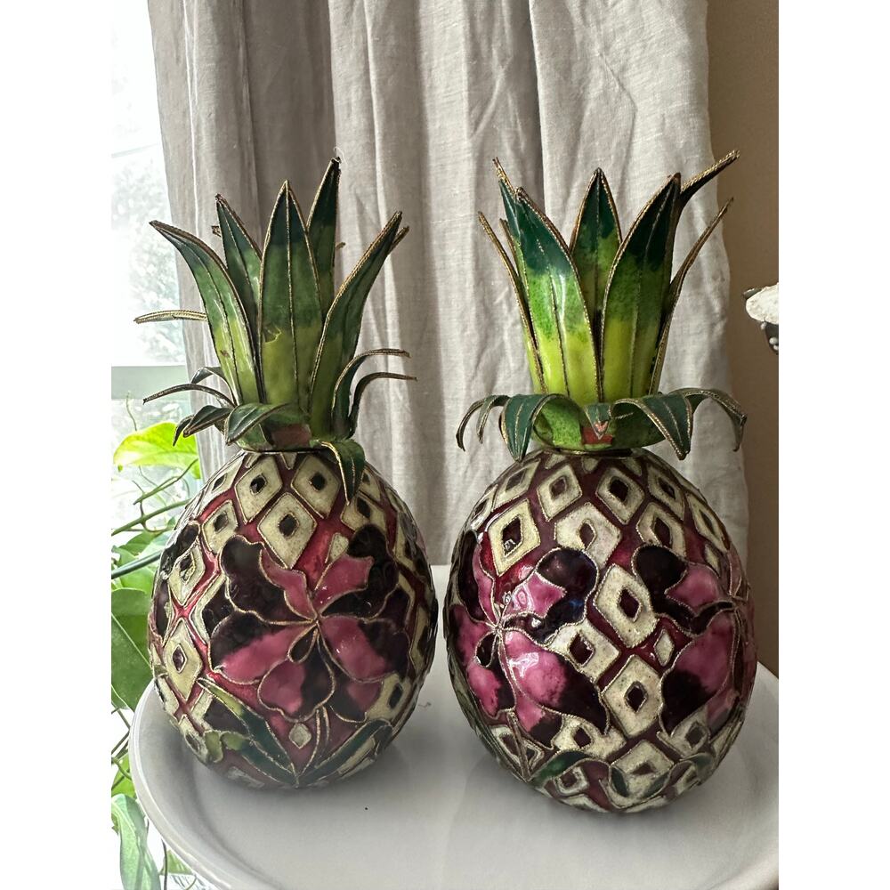 2 Vintage Cloisonné Enameled Pineapple Candlestick Holders Hollywood regency set